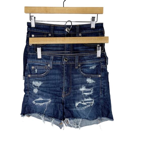 American Eagle Size 2 Set of 2 Denim Hi Rise Shortie Shorts Dark Wash Ripped - Picture 1 of 13
